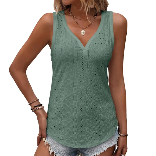Dame Tanktoppe Sommer Tanktoppe til Kvinder 2025, V-Hals Ærme Broderi Toppe, Casual Løse Trendy Toppe (Grøn-L) green