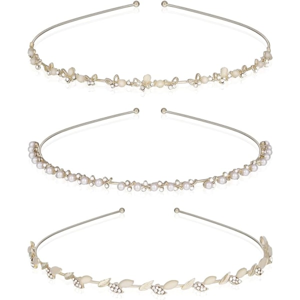 Förpackning med 3 brudpannband, hårband för bröllop i ljust guld, hårkrona i faux pärla strass, kristallpärla brudtiara hårband, eleganta tillbehör