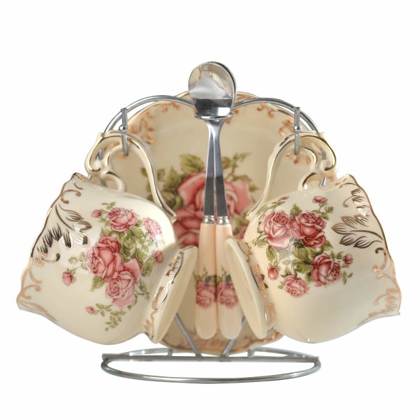 Teekupit ja -alustat, 2 kpl, 200 ml, Vintage Ivory Pink Rose -posliiniteekupisarja telineellä A