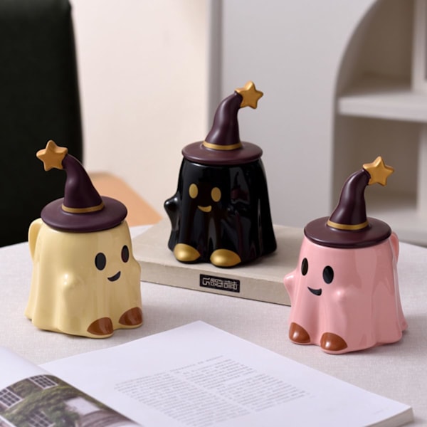 Halloween Ghost Keramisk Krus, Nyhet Te Kopp, 401-500ml Halloween Kaffe Krus Med Lokk - Vennlig Spøkelse (Rosa) Pink