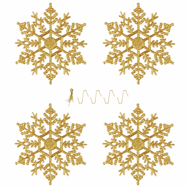 Snöflingor med glitter i plast för julgransdekorationer för nyårsfest, 4 tum, 24 stycken (guld)