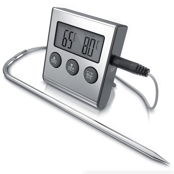 Termometer med rustfri stålprobe, 2 moduser, med alarmsignal, timer 0-99:59 minutter, måleområde -26° - 250°C, steketermometer