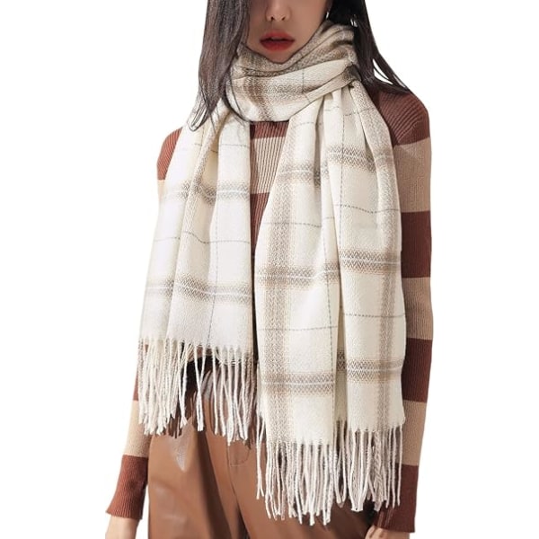 Vinterrutete skjerf for kvinner, langt vinterskjerf, myke varme skjerf, duske-sjal, lang stola, julegave Off White