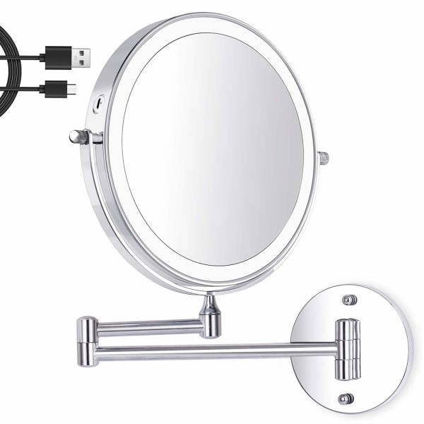 Tommer LED vægmonteret makeup spejl, belyst forstørrelsesspejl, 1X/7X forstørrelse 3 justerbare lysfarver USB-opladning, 360° drejelig forlænges