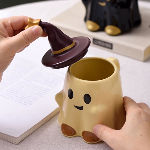 Halloween Ghost Keramisk Krus, Nyhet Te Kopp, 401-500ml Halloween Kaffe Krus Med Lokk - Vennlig Spøkelse (Gul) Yellow