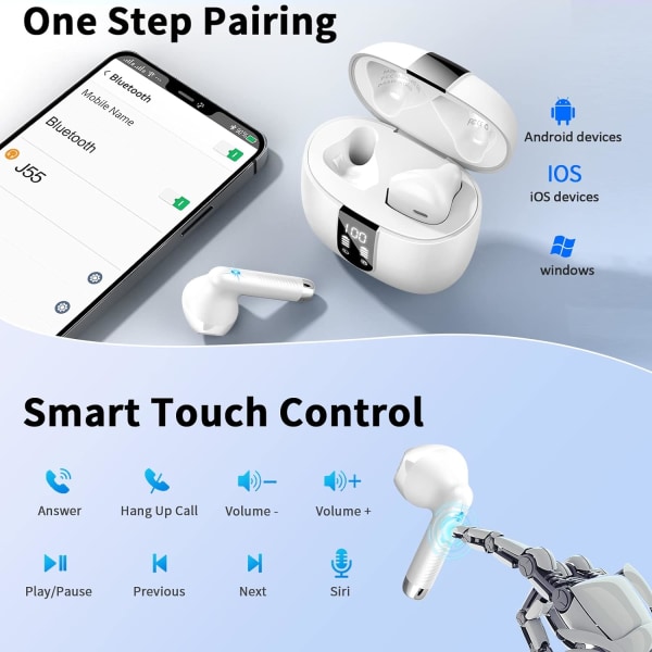 Trådlösa Hörlurar, Bluetooth 5.4 Hörlurar Trådlösa Hörlurar med 4 ENC Mikrofoner, Bluetooth Hörlurar In-Ear, IP7 Vattentät LED-Display