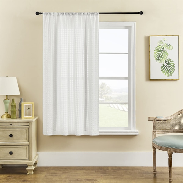 Hvite Retro Lace Voile Gardiner Myke Pom Pom Nett Gardiner for Vinduer Lin Eylett Korte Gjennomsiktige for Soverom Stue Patio Dør, 117×160cm
