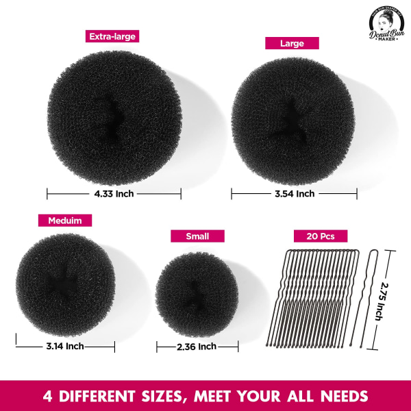 Hårbulleformare Set, 4 Storlekar Svart Donut Bun Maker och 20 Gyllene Hårsnålar för Blond, Chignon Bun Maker Hårrings Stiltillbehör black