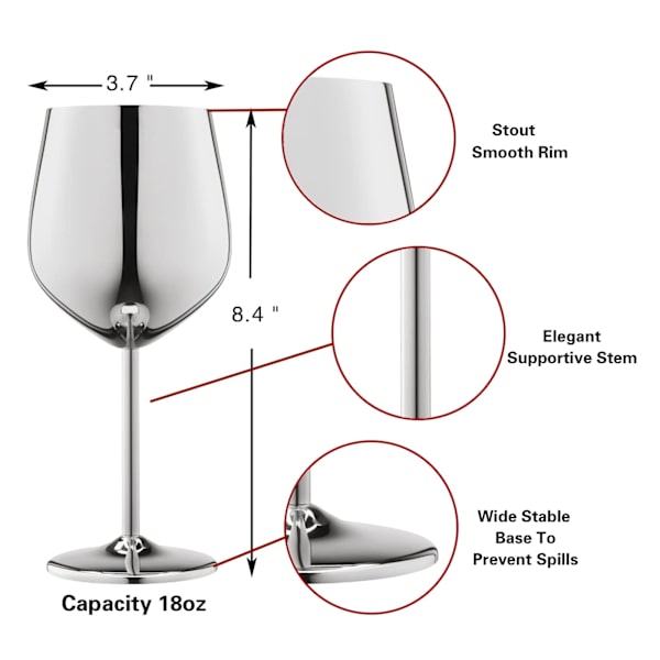 Silver Vin Glas Set med 4, 550ml Okrossbart Silverbägare, Rostfritt Stål Vinglas, Unikt och Bärbart Metall Vinglas Silver