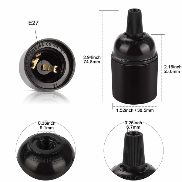 E27 Vintage svart lamphållare, Edison Retro Pendellampa, Solid Bakelit Lamphållare Adapter, Perfekt för dekoration, industri och gör-det-själv, set med 6