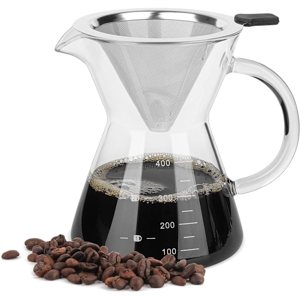 Hæld-over kaffebrygger med filter i rustfrit stål, borosilikatglas karaffel manuel kaffedrypper med håndtag, ingen papirfiltre nødvendige (400 ml)