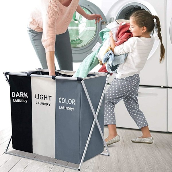 Uppgraderad hopfällbar tvättkorg med 110L tvättsäck och aluminiumfäste, mer stabil och robust vikbar tvättkorg med 3 fack.