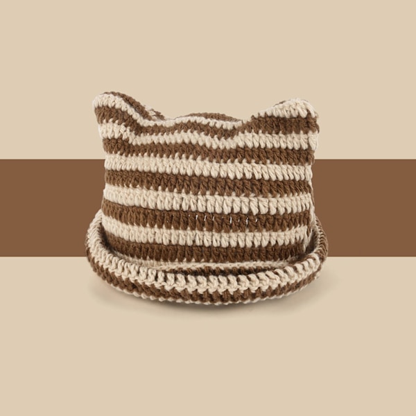Kissan korvat - neulottu beanie-pipo, raidallinen, talvi, lämmin, joustava, beige ja ruskea Beige and Brown