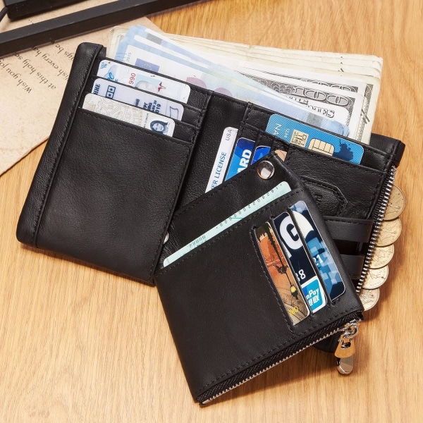 Lommebok for menn med kjedeblokkering Lommebok i ekte skinn for menn Bifold-lommebok med kredittkortholder og myntlomme med glidelås Julegave