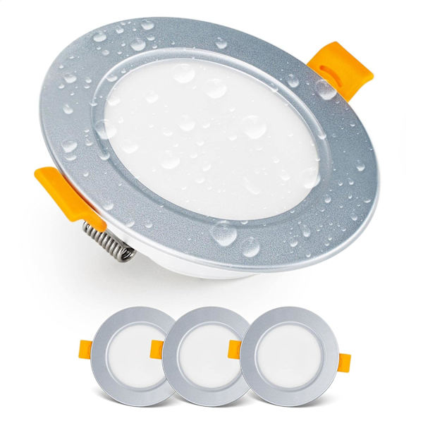 Indbygget LED Spotlight Downlight IP54 varm hvid 3000K | Sæt med 3 Ekstra Flade Runde LED Spotlights 7 Watt (7W) / 700 Lumens, Sølv