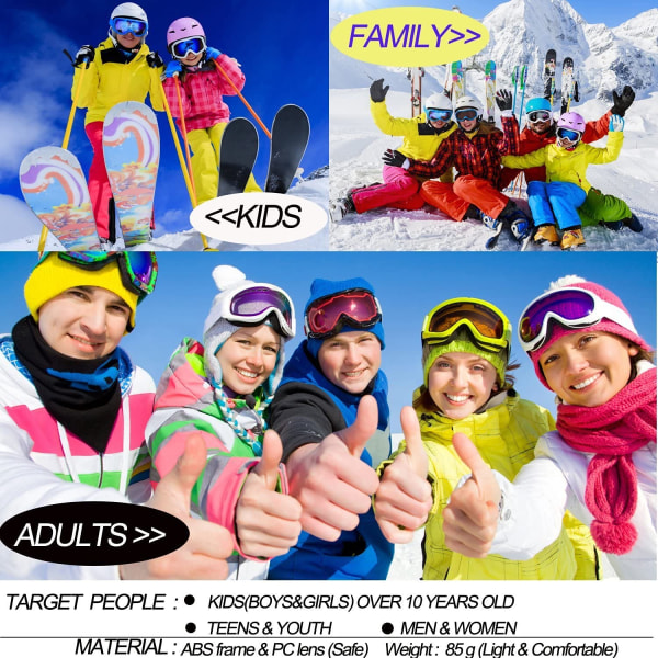 Skibriller, pakke med 3 snowboardbriller for barn, gutter, jenter, ungdom, herre kvinner (svart, rosa og hvit)