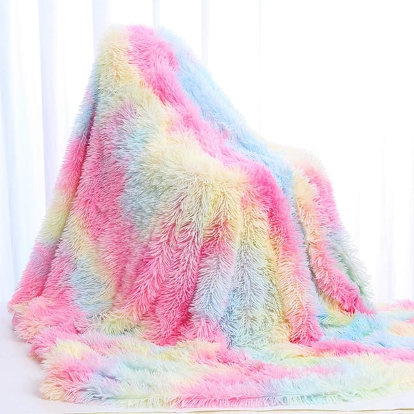 Regnbågsfilt, Färgglad Tjock Filt i Flanellfleece, Mysig och Varm för Säng, Soffa (160x200cm) Rainbow colors