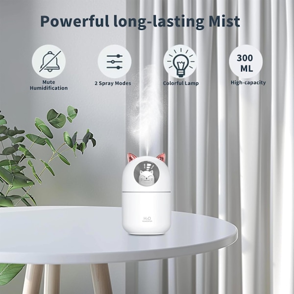 Luftfugter, Luftfugter, 300 ml Sød Kat Luftfugter, Mini USB Cool Mist Luftfugter med 2 Spraytilstande og Natlys