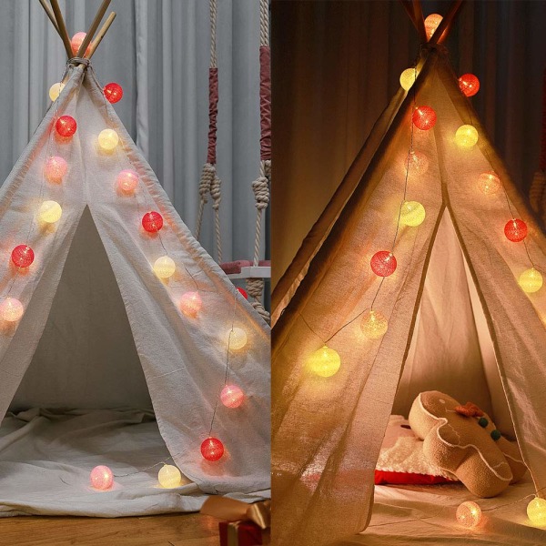 Cotton Ball Light Garland, Innendørs juledekorasjon, 3M 20er LED Globe Light, Bryllupssoverom Atmosphera Dekorasjoner, (USB rosa/rød)