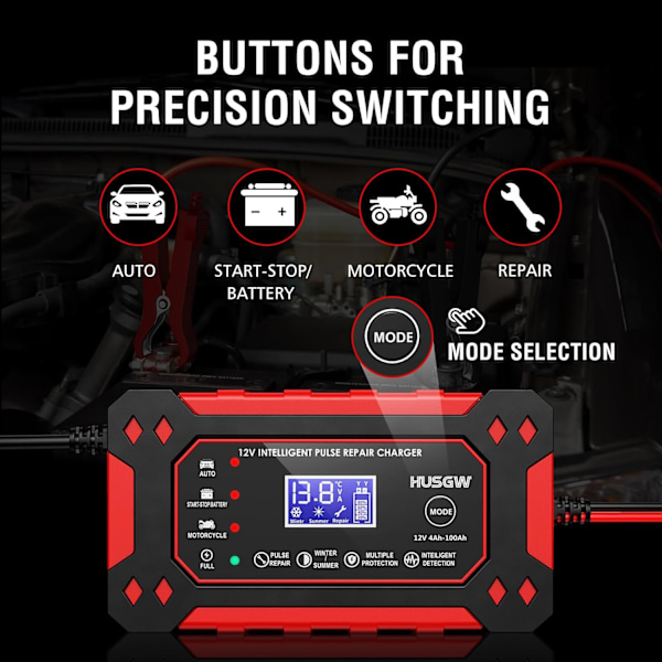 12V 6A Batterilader, Smart Batterilader og LCD-skjerm, Bilbatterilader for Biler, Motorsykler, Lastebiler, AGM, Gel, SLA (2Ah-100Ah)