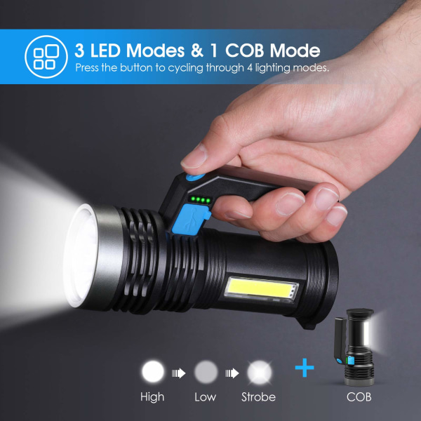 USB uppladdningsbar ficklampa, 4 lägen bärbar kraftfull LED-ficklampa med COB arbetslampa och handtag, IP65 vattentät USB campinglampa