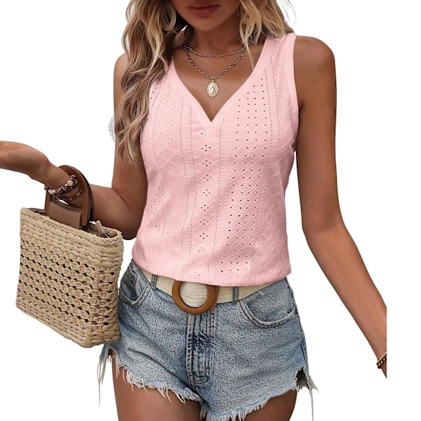 Dam Linnen Toppar Sommar Linnen Toppar för Kvinnor 2026, V-ringad Ärm Broderade Toppar, Lediga Lösa Trendiga Toppar (Rosa-L) pink