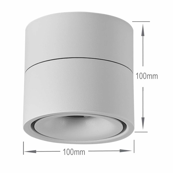Innendørs 12W LED-lyskaster, 360° justerbar taklys roterende og overflatebelysning COB LED 10x10cm/aluminium vegglampe (hvit-3000K)