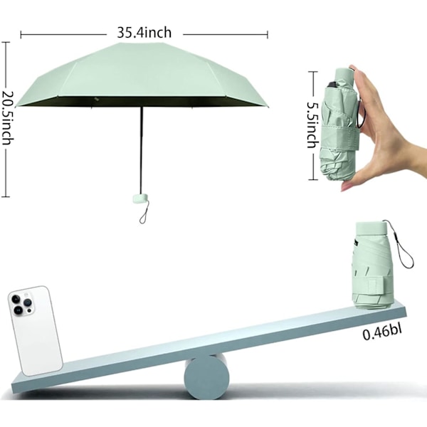 Pieni matka-aurinkovarjo laukkuun kotelolla, pieni kompakti UV-aurinko- ja sadevarjo, kevyt kannettava tuulenpitävä aurinkovarjo 99 % UV-suojalla Mint Green