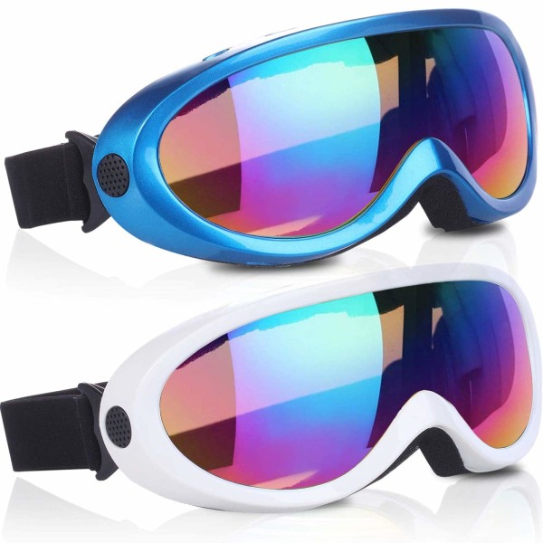 Skibriller, pakke med 2, snowboardbriller for barn, gutter og jenter, ungdom, menn (blå og hvit)