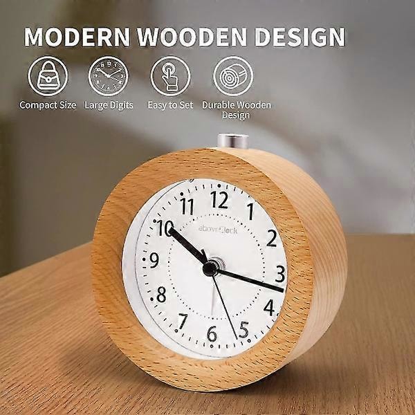 Analog väckarklocka utan tickande, träväckarklocka med snooze, sängklocka med nattlampa, retro väckarklocka