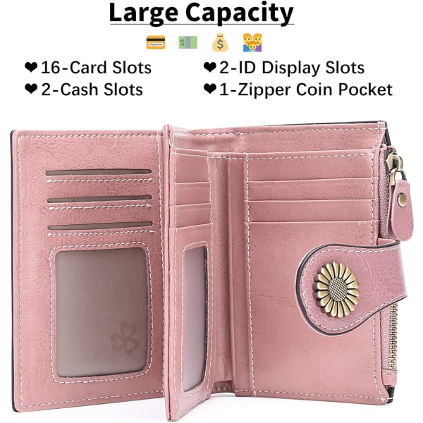 Dame tegnebog Læder RFID blokerende kort tegnebog med 16 kortpladser (Pink)