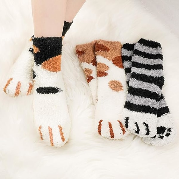 6 paria kissan sumeat sukat, pörröiset mukavat talviset paksut lämpimät nukkumalattiat typerät sukat naisille tytöille, miehille