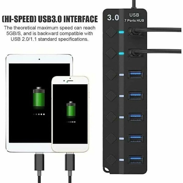 USB 3.0 Hub 7 Porte 5Gbps - Individuelle Kontakter, MacBook/PC Kompatibel - Plug & Play, Kompakt Design 17x4.5x2cm