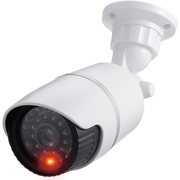 Falsk CCTV-kamera, falsk bullet-sikkerhedskamera med blinkende LED, vandtæt til indendørs eller udendørs brug, professionelt sort og hvidt hus