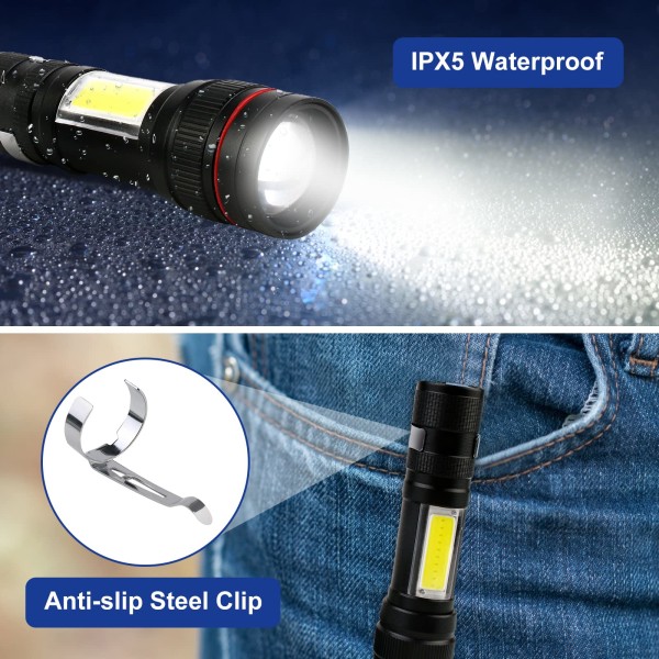Superkraftig LED-lommelygte - 2 stk. T6 2000 lumen genopladelig lommelygte, IPX5 vandtæt taktisk lommelygte, 3-tilstands USB-lommelygte med plastiketui