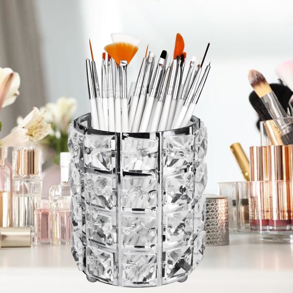 Makeup Organizer Øjenbrynskam Børsteholder Sølv Krystal Bling Beads Spand Kosmetisk opbevaring Penholder Beholder Toiletbord Tilbehør