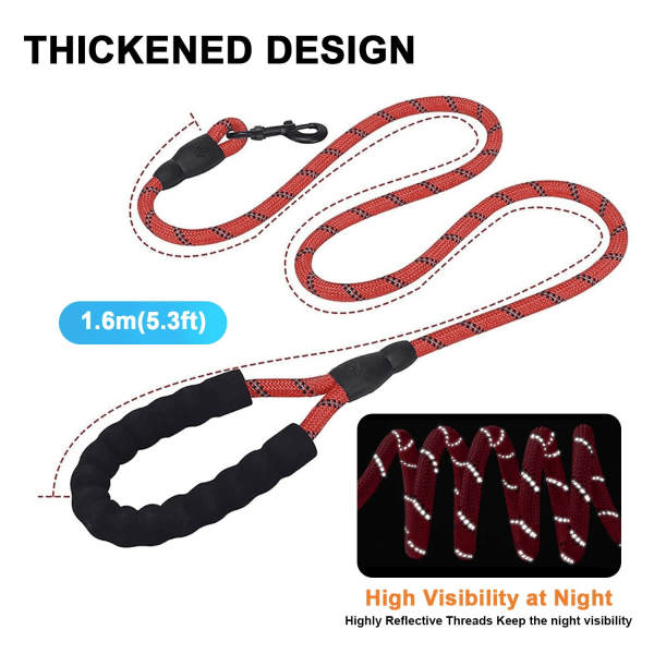 Dog Lead with Soft Padded Handle and Highly Reflective Dog Leashes, Comfortable Strong Rope Training Lead for Small, Medium, and Large Dogs（Red）