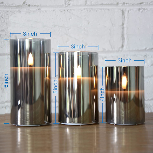 Silvergrå Glas Flamlösa Flimrande Ljus med Fjärrkontroll, 3-pack Realistiska LED-Fusk Ljus ∅ 3\" H 4\" 5\" 6\"