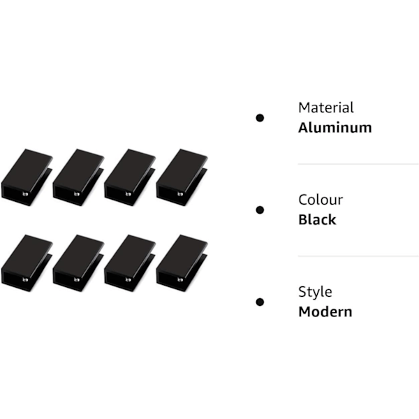 Pakke med 8 firkantede glashylde klemmer i aluminiumslegering, holder, støttebeslag, sort (egnet til 10-12 mm tykt glas)