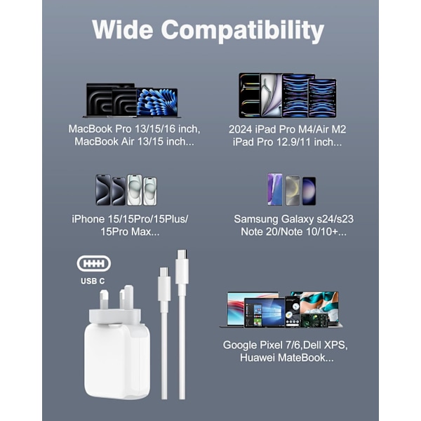 70W USB C-lader Kompatibel med MacBook Air MacBook Pro 13-16 tommer 2024-2020, M1-M3 Mac Laptop, iPad, Med 2M/6.6FT Mac USB C-ladekabel