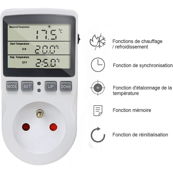 Stikkontakt termostat Digital temperaturregulator Opvarmning Køling med sonde, LCD Socket Temperaturregulator Timer