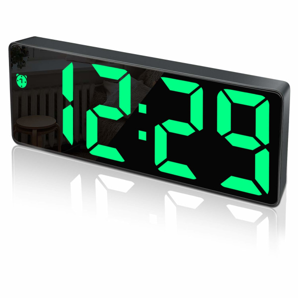Digitalt vækkeur, stort LED-display, ur med spejloverflade og lysstyrkejusterbar USB-opladningsforbindelse vækkeur til soveværelse, kontorer
