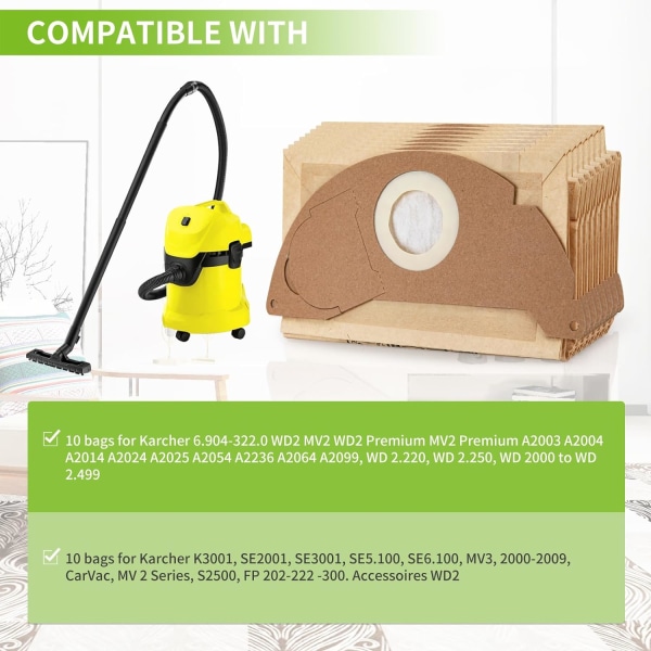 10 Erstatningsfilterposer til Karcher WD2 MV2 6.904-322.0 WD2250 A2004 A2054 Støvsuger