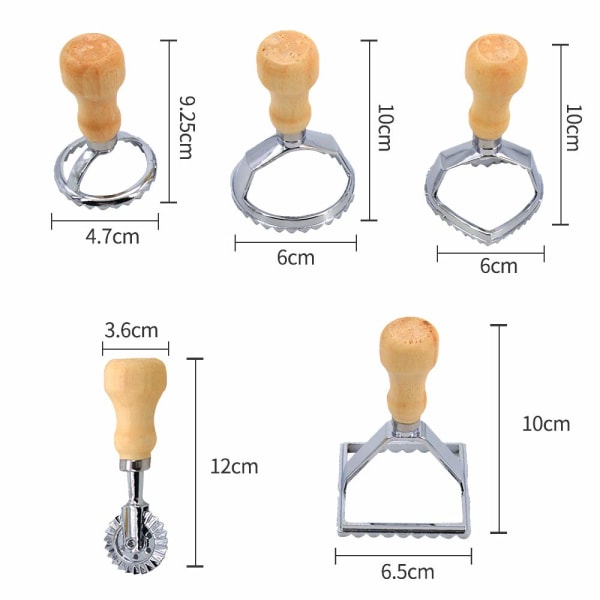 5 stk Ravioli-stempelsett, Ravioli-utskjærere med trehåndtak og rillet kant, bakverksskjærer, dumplingsmaker for å lage ravioli, empanadillas eller kaker