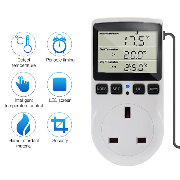 Digital Termostat Kontrol Socket, 230V/16A Temperaturregulator med Varme- og Køletilstand, LCD-Skærm til Drivhus Akvarium Reptil Terrarium
