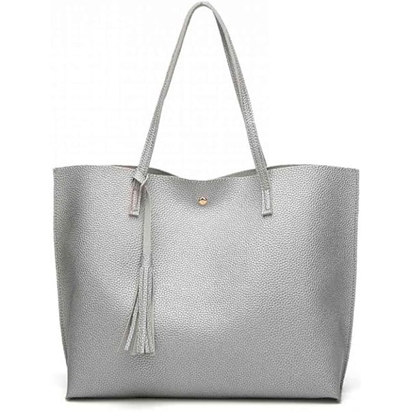 Damhandväska Tote Bag Mjuk PU Läder Stor Kapacitet Dam Topphandtag Axelväska För Kvinnor Svart Handväska Silver