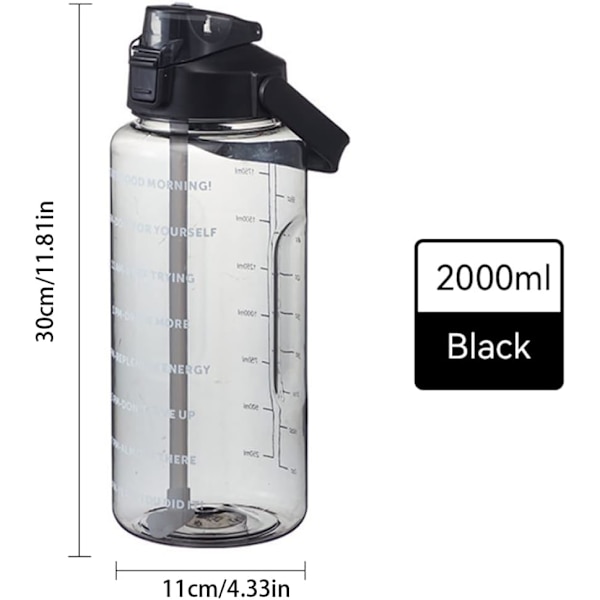 Stor vattenflaska med sugrör 2 liter tidsmarkörer svart