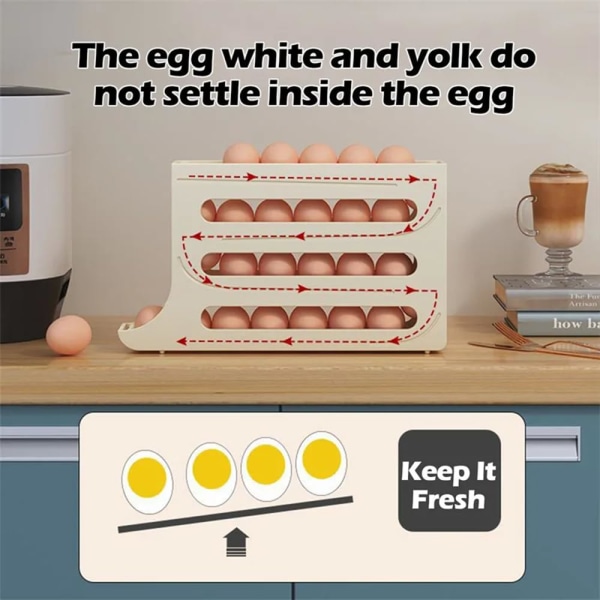 Æggedispenser til køleskab, automatisk rullende køleskab Æg opbevaringsboks, 4-lags rullende æg opbevaringsboks, æggearrangørbakke, gul