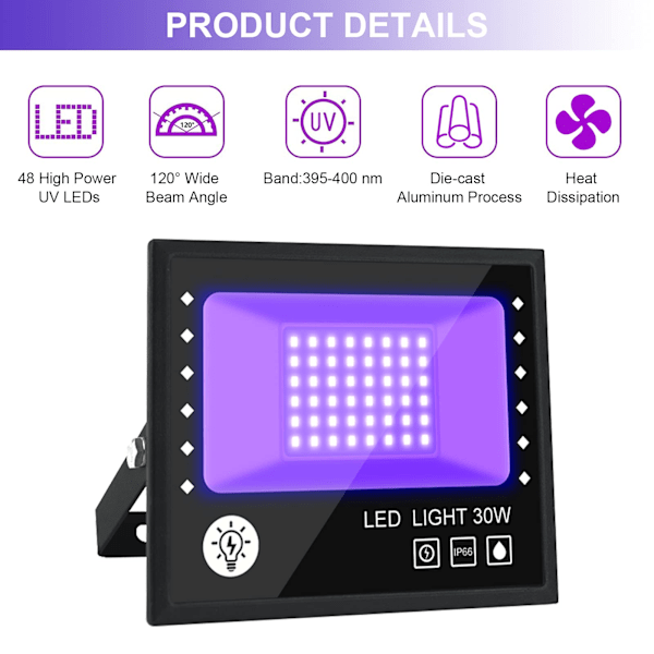 30W LED Svartljus, Vattentät IP66 Utomhus UV-ljusprojektor, Lila LED-lampa, Effektbelysning för Fest, Disco DJ, Kväll, Fluorescerande Färg