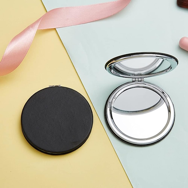 Makeup Spejl, Rundt foldbart spejl 6,7 CM, Dobbeltsidet Makeup Spejl (Den ene side forstørret, den anden side normal) PU Lommespejl